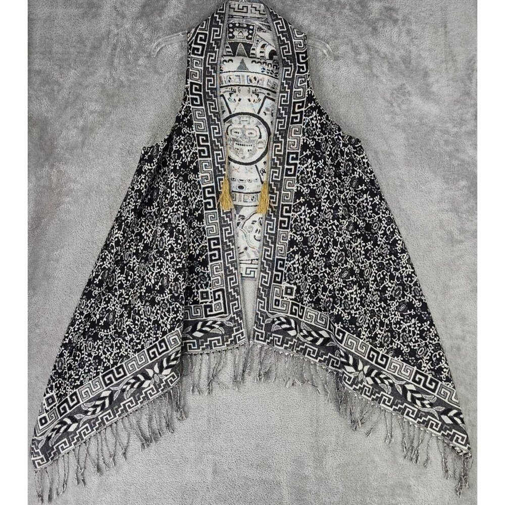 Mexican Vest Womens L/XL Silver Metallic Aztec Print Tasseled Fringed Open Front